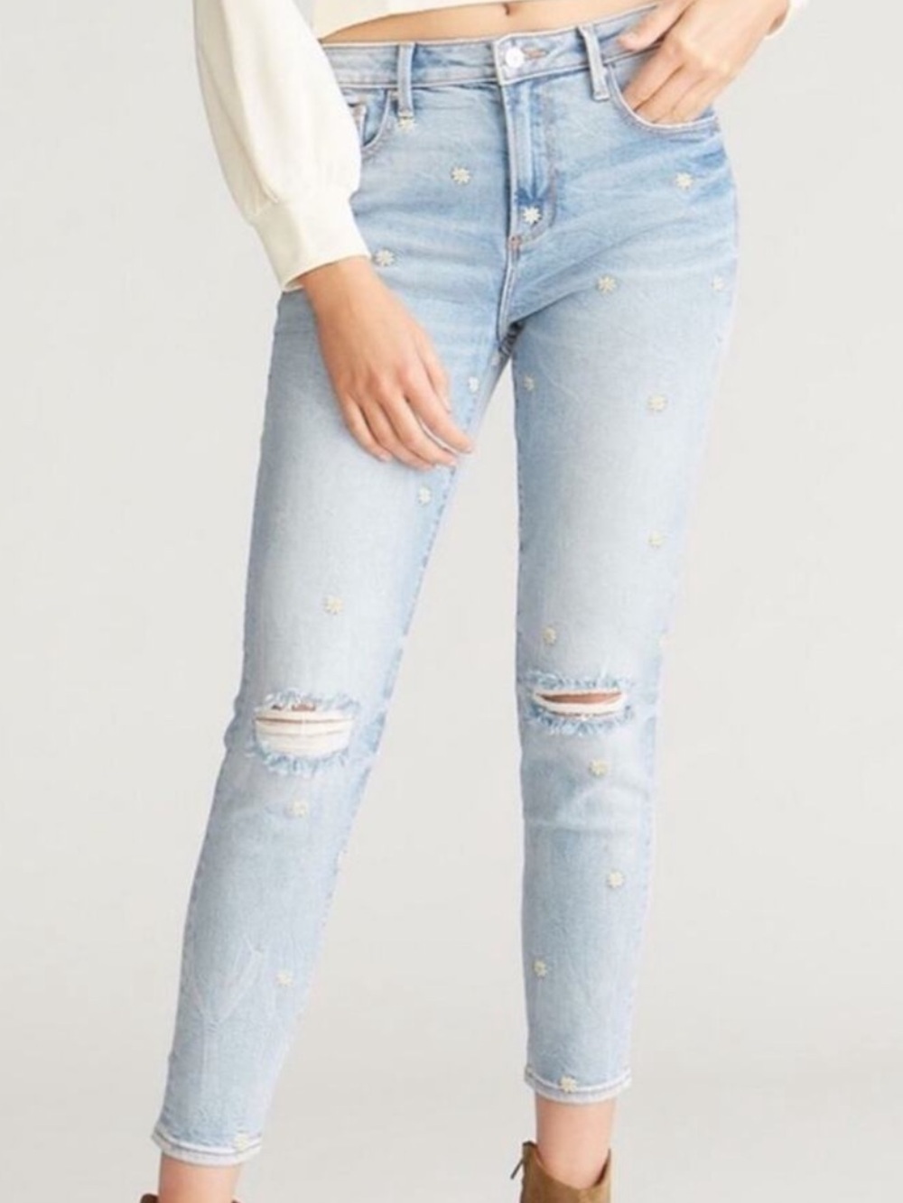 Driftwood Gizelle High-rise Ripped boho Daisy Jeans Crop 29 embroidered flower